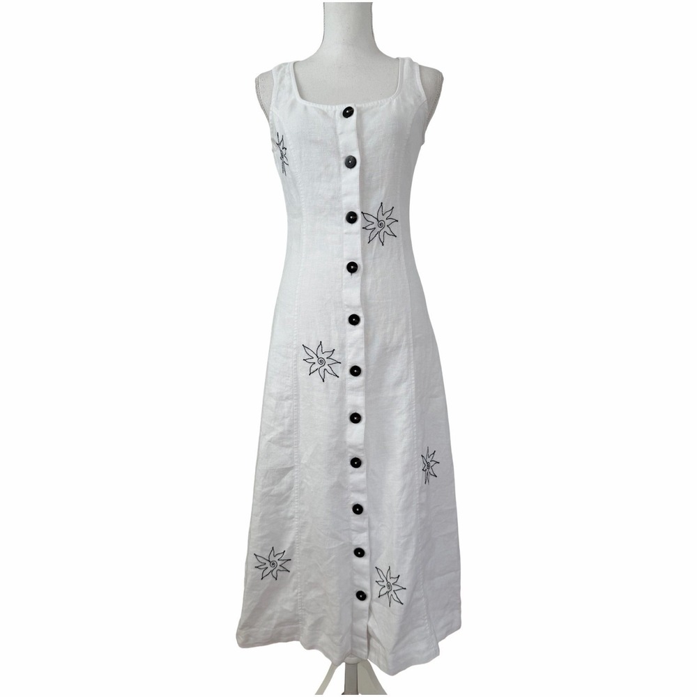 Madewell Linen Sun Embroidered Button Front Midi Dress Size 2 White Boho Hippie